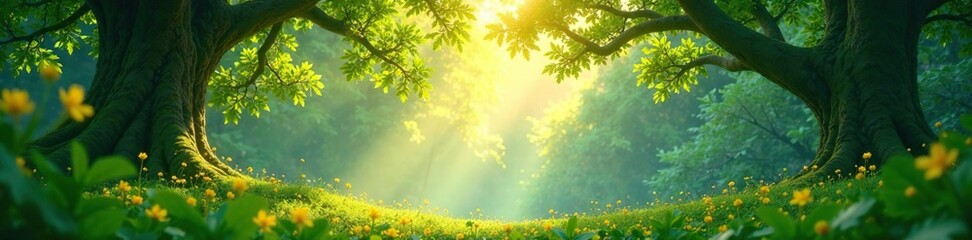 Obraz premium Lush canopy filtering sunlight in shimmering haze, haze, whimsical