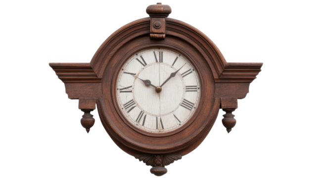 Vintage wooden wall clock with decorative wings and Roman numerals.
