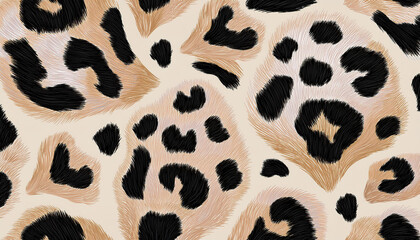 Leopard print., Vector seamless pattern, Animal jaguar skin background with black and brown spots on beige backdrop, Abstract exotic jungle texture.