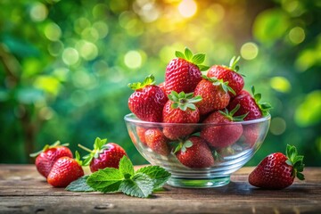 Double exposure photo: juicy strawberries pop against a green background; perfect for your text.