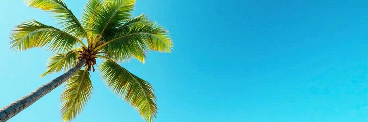 Fototapeta premium Palm trees sway gently in the warm breeze against a bright blue canvas, wind, palm tree