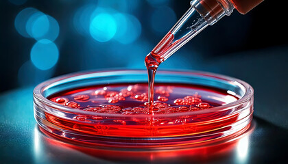 A red liquid is being poured into a glass dish.