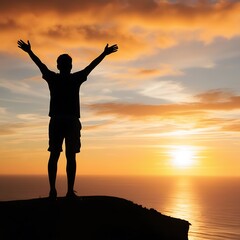Fototapeta premium A man celebrating happiness in the air and the ocean with a sunset in the background