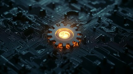A gear is lit up in a black background