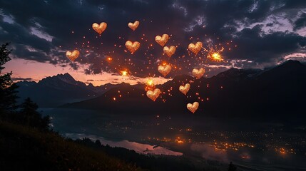 Fototapeta premium Sparkling Hearts over Majestic Mountain Panorama
