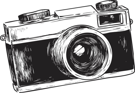 Vintage camera sketch illustration in black and white, detailed design.