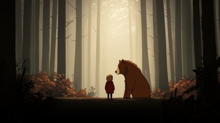 Child and bear meet in a misty forest.