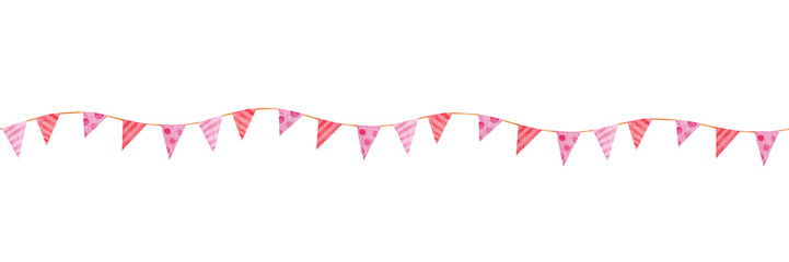 Cute pink party garland with decorative festive flags. Triangular shape. Valentine's day watercolor illustration.