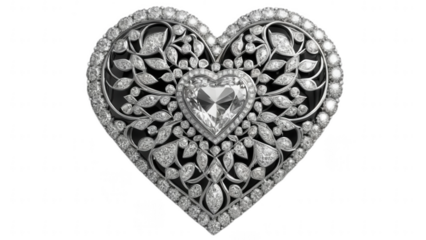 A heart-shaped brooch featuring diamonds arranged in a geometric pattern, surrounded by intricate silver work, glowing with a soft sheen, only on a transparent PNG background