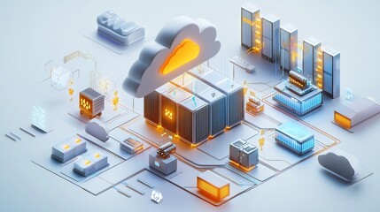 Obraz premium Cloud Computing Infrastructure: A 3D Isometric Visualization of Data Centers, Servers, and Network Connections