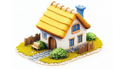 a thatched house 3D icon, cartoon, clay, cute, glossy, smooth, glossy, blue, yellow, gradient, white background, highest detail, isometric view, HD, style expression