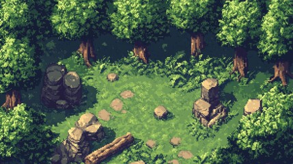 Top-down view of 8-bit forest scene featuring pixelated tree sprites with vibrant green canopies and chunky brown trunks. Various rock formations scattered in earth-tone pixels, accompanied by fallen