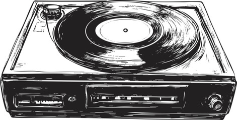 Black and white sketch of a vintage turntable with a vinyl record.