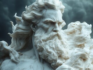 A dramatic marble bust of Zeus, the storm god, with an imposing gaze and flowing beard. The intricate details convey power, majesty, and the fury of thunder and lightning.