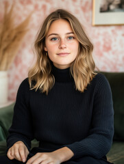 Naklejka premium With a warm expression, a young woman with shoulder-length blonde hair sits comfortably in a pastel-hued living room, exuding a cheerful and inviting presence