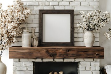 Blank frame mockup, fireplace mantel, floral decor, farmhouse interior, design template