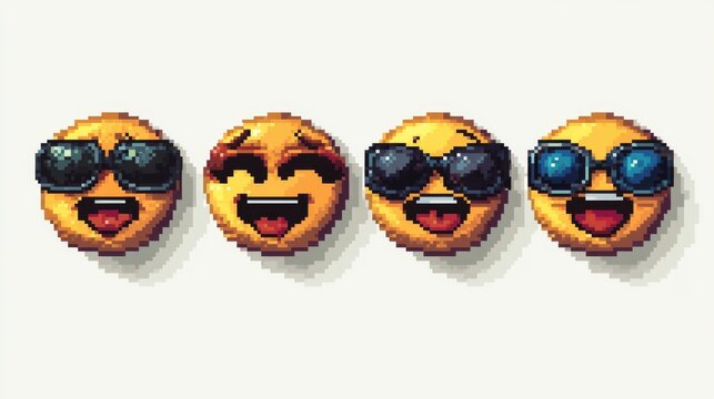 Collection of four retro pixel emoticons arranged in 2x2 grid, each 32x32 pixels in size. Features crying laughing face, heart eyes, tongue out, and sunglasses expressions. Each icon rendered in