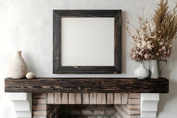 Square frame mockup above fireplace, minimalist decor, textured wall