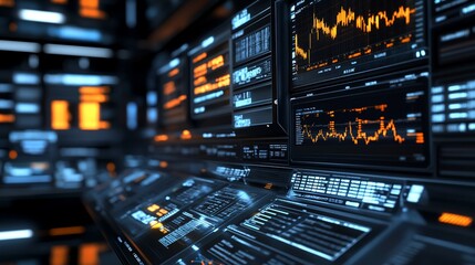 Obraz premium Futuristic Tech Control Center: Advanced Digital Interface Displays Real-Time Data Analytics and Stock Market Graphs