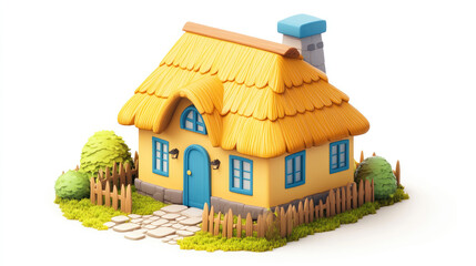a thatched house 3D icon, cartoon, clay, cute, glossy, smooth, glossy, blue, yellow, gradient, white background, highest detail, isometric view, HD, style expression