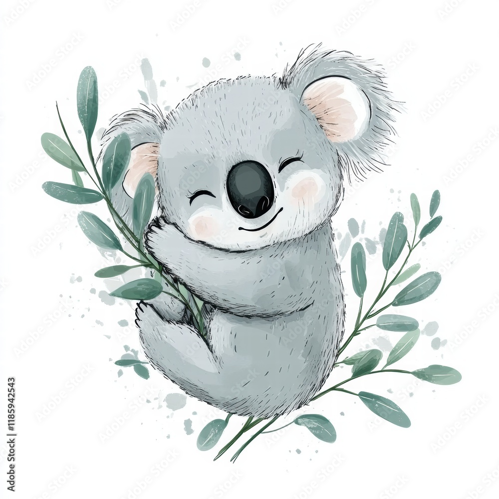 Poster cute koala smiling while hugging a green branch in a serene natural setting. generative ai
