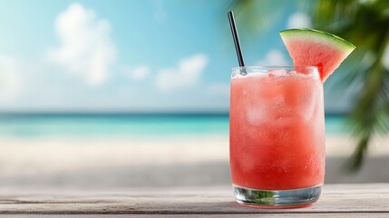 Refreshing Watermelon Cocktail on a Sunny Beach with Clear Sky