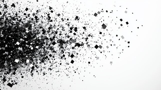 Particle dissolution geometric art, fragmented pixel matrix, systematic square breakdown, mathematical scatter pattern, modular grid decay, monochrome digital dispersion, structured randomness,