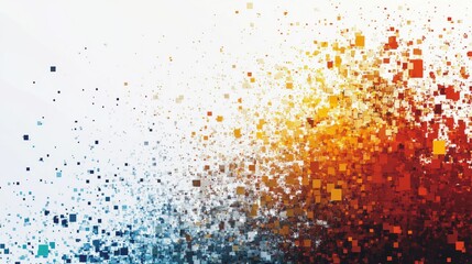 Geometric pixel scatter composition, gradient dissolution pattern, systematic block breakdown, structured square fragmentation, digital decay aesthetic, monochromatic grid dispersion, mathematical