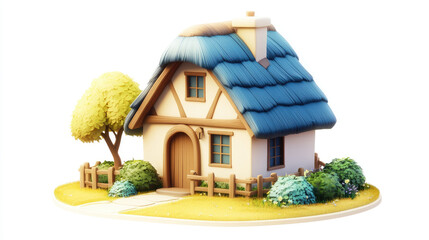 a thatched house 3D icon, cartoon, clay, cute, glossy, smooth, glossy, blue, yellow, gradient, white background, highest detail, isometric view, HD, style expression