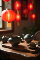 Fototapeta premium Chinese New Year celebration with red cherry blossoms, lanterns, and a teapot ceremony