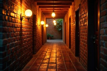 Warm and inviting glow of Edison lamps in a brick hallway, soft light, cozy atmosphere, lighting