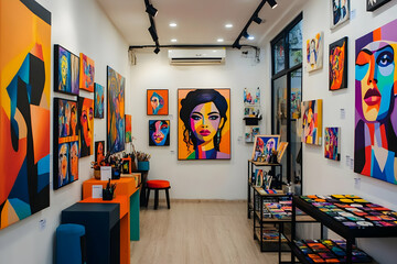Vibrant modern art gallery interior. Colorful paintings on display.