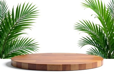 Fototapeta premium wooden podium with palm leaves on background, white background