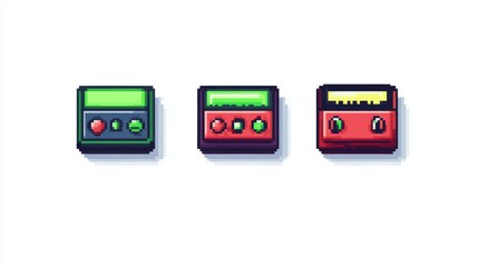 8-bit battery status icons, pixelated energy indicators, retro gaming symbols, neon green to red color progression, minimal geometric design, sharp pixel edges, monochromatic outlines, clean white