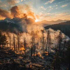 Dramatic forest wildfire with smoke and flames during sunrise in mountain landscape