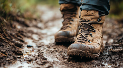 Close-up of muddy hiking boots on a rugged trail