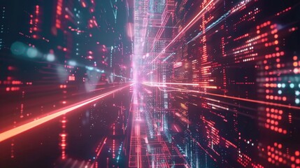 Futuristic digital landscape with vibrant red and blue lights, creating sense of speed and motion through network of glowing data streams and lines