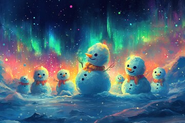 A Snowman Family Underneath A Vibrant Aurora Borealis