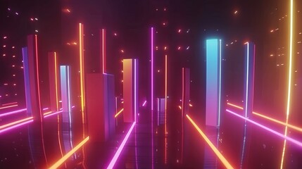 Fototapeta premium Vibrant neon lights illuminate futuristic landscape with glowing pillars and reflections, creating mesmerizing atmosphere of color and energy