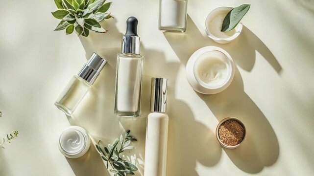 Elegant Display of Organic Skincare Products With Minimalist Aesthetic and Greenery
