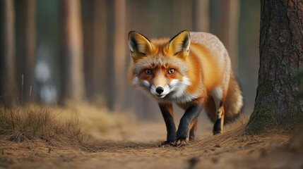 Fototapeta premium A realistic fox walking through a forest path, showcasing its vibrant fur and alert expression.