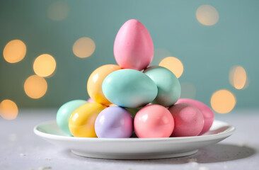 Obraz premium Pile of pastel Easter eggs on a plate, blurred lights behind