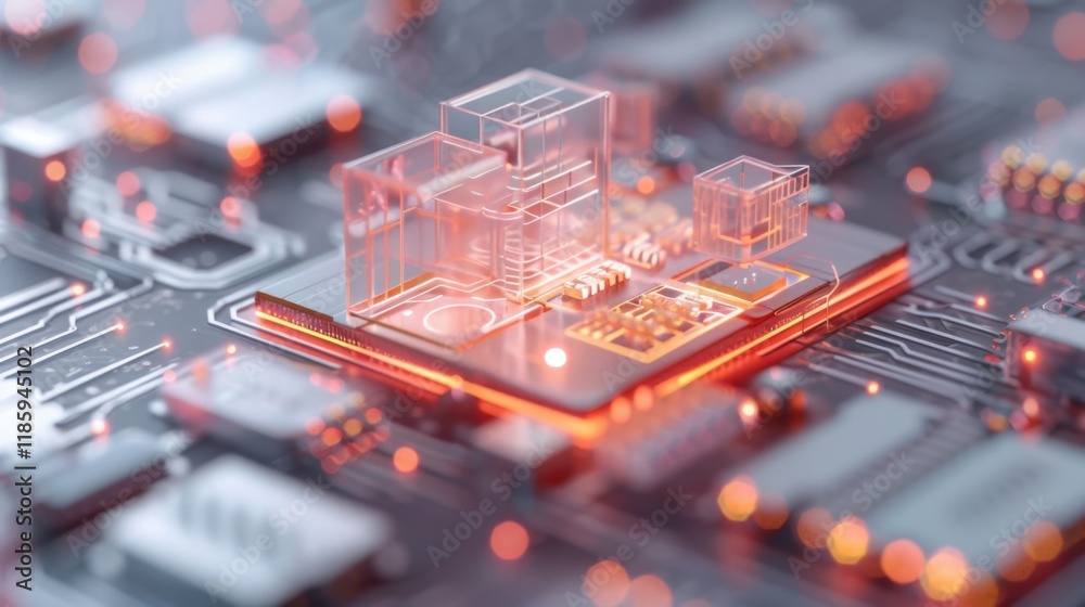 Poster digital circuit board with glowing components and 3d structures