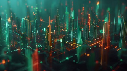 Digital cityscape with glowing skyscrapers and vibrant lights, representing technology and innovation. futuristic design showcases blend of colors and patterns, creating mesmerizing visual