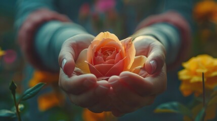 person holds beautiful orange rose in their hands, surrounded by colorful flowers, conveying sense of care and appreciation for nature beauty