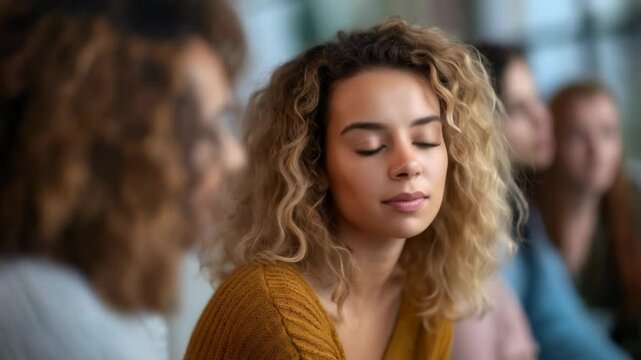 A woman with curly blonde hair sits in a group setting, her expression thoughtful and focused