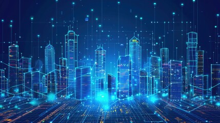 Digital city skyline with glowing buildings and data connections, representing technology and innovation in urban environments
