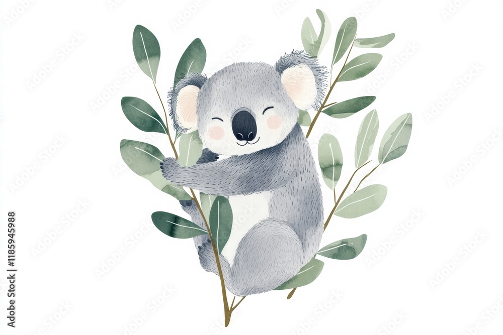Poster Cute koala resting on branches surrounded by green leaves in a serene setting during the daytime. Generative AI