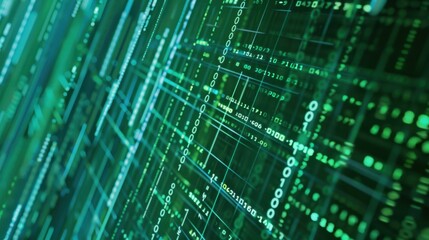 Digital data streams create vibrant green matrix of binary code, symbolizing technology and information flow in modern digital landscape