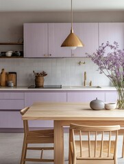 Lavender Kitchen With Light Wood Table And Chairs